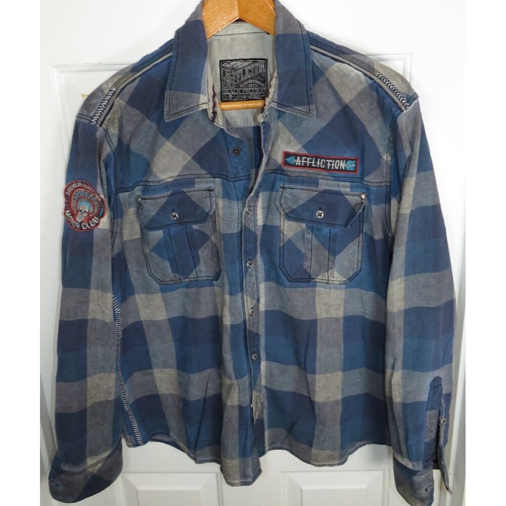 Affliction Black Premium Voodoo River Shirt Men’s 2XL Plaid L/S Patches